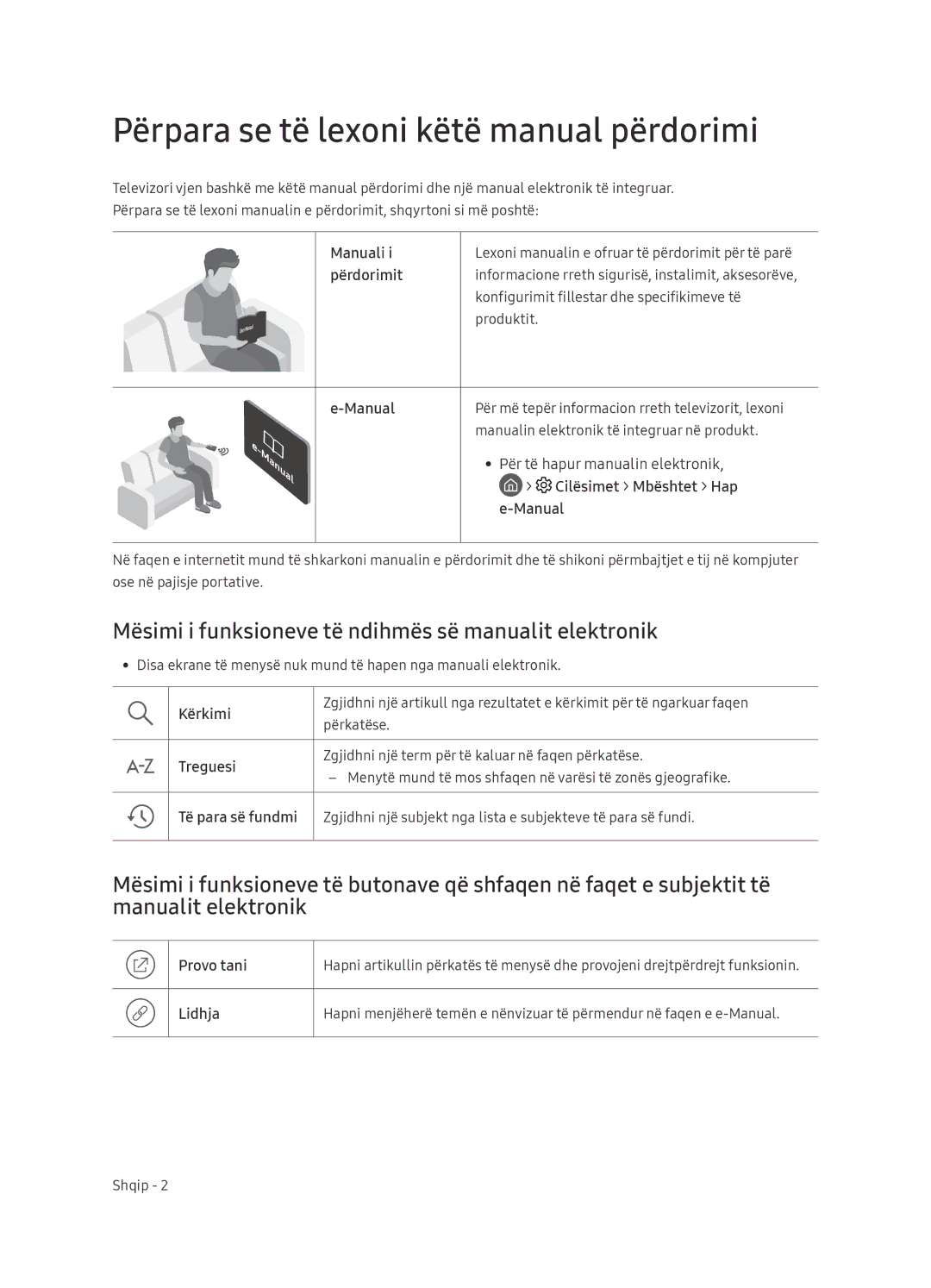 Samsung UE65NU7472UXXH Përpara se të lexoni këtë manual përdorimi, Mësimi i funksioneve të ndihmës së manualit elektronik 