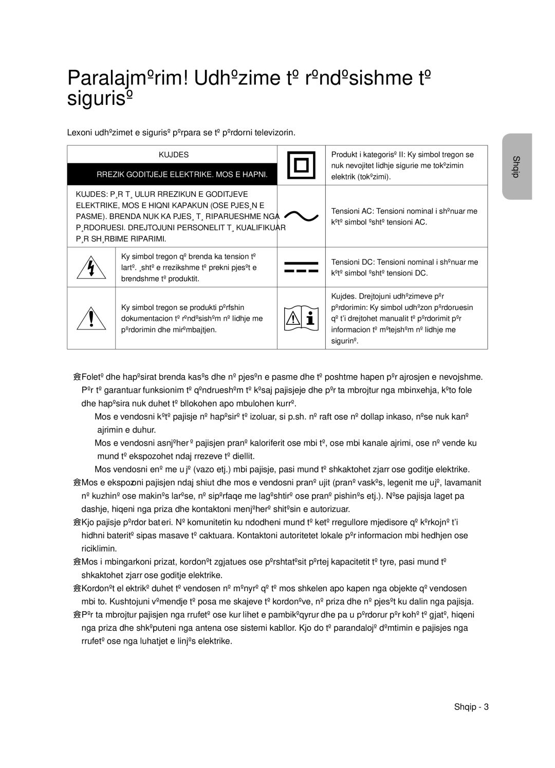 Samsung UE65NU7472UXXH manual Paralajmërim! Udhëzime të rëndësishme të sigurisë, Rrezik Goditjeje ELEKTRIKE. MOS E Hapni 