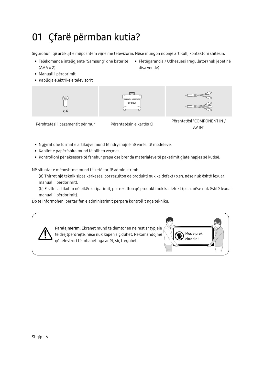 Samsung UE65NU7472UXXH manual 01 Çfarë përmban kutia? 