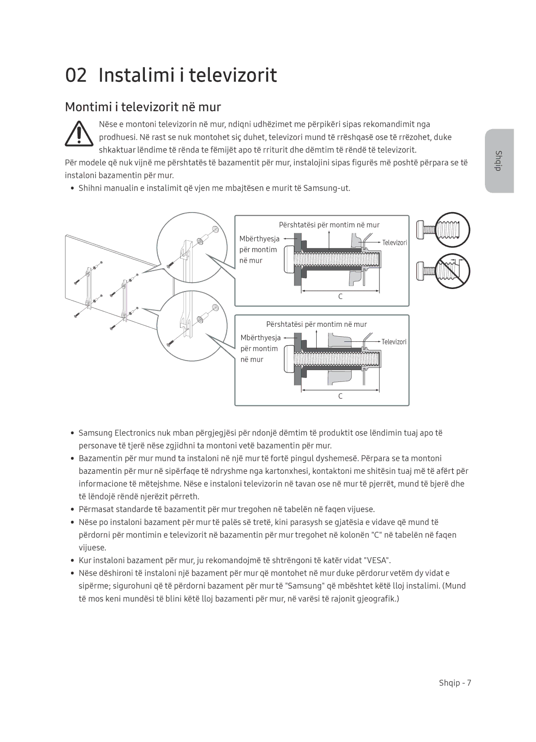 Samsung UE65NU7472UXXH manual Instalimi i televizorit, Montimi i televizorit në mur 