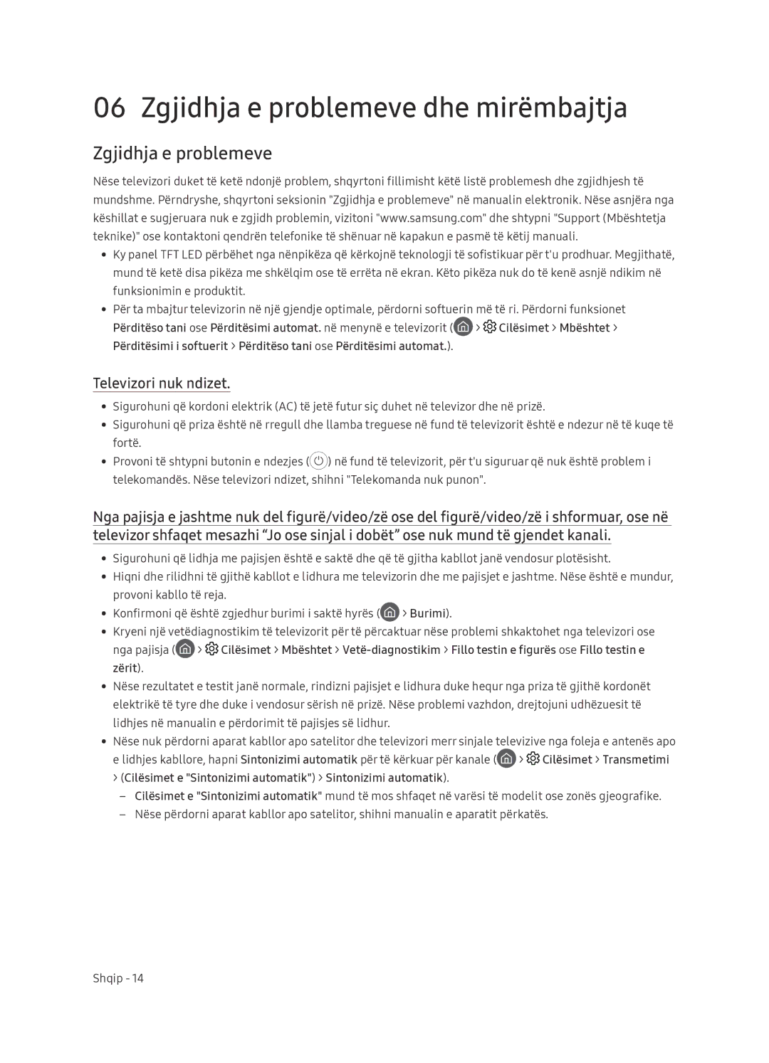 Samsung UE65NU7472UXXH manual Zgjidhja e problemeve dhe mirëmbajtja, Televizori nuk ndizet 