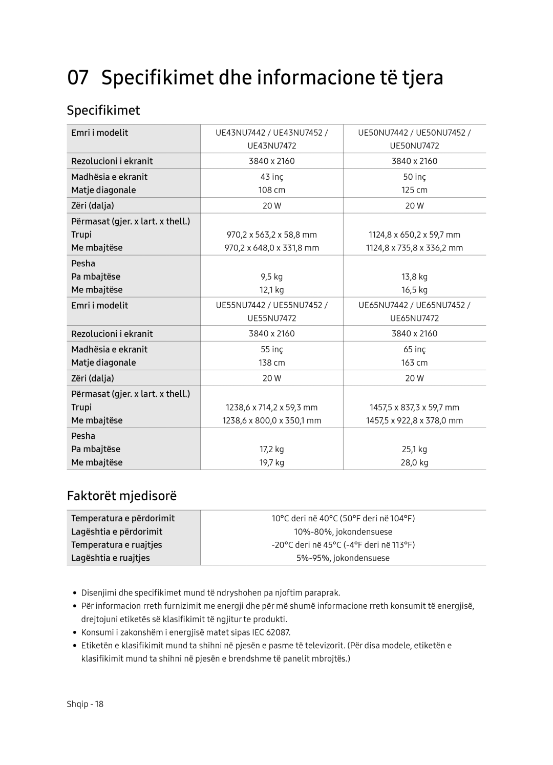 Samsung UE65NU7472UXXH manual Specifikimet dhe informacione të tjera, Faktorët mjedisorë 