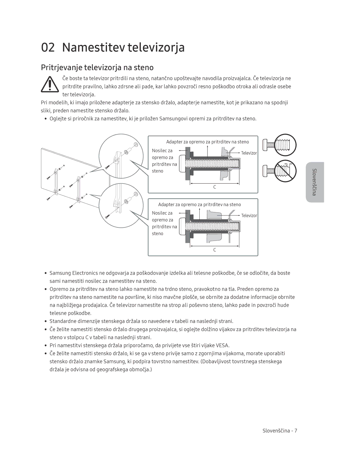 Samsung UE65NU7472UXXH manual Namestitev televizorja, Pritrjevanje televizorja na steno 