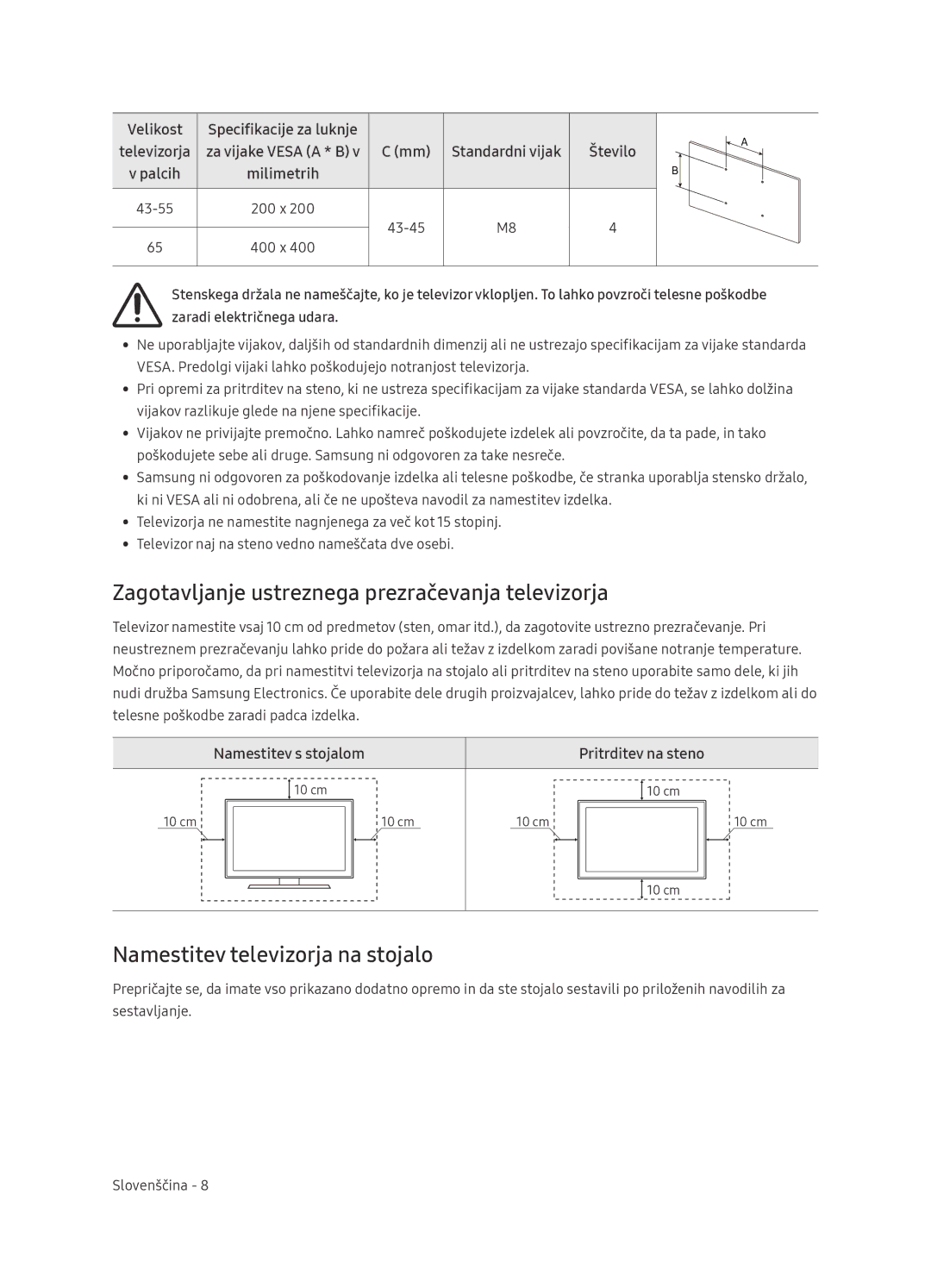 Samsung UE65NU7472UXXH manual Zagotavljanje ustreznega prezračevanja televizorja, Namestitev televizorja na stojalo 