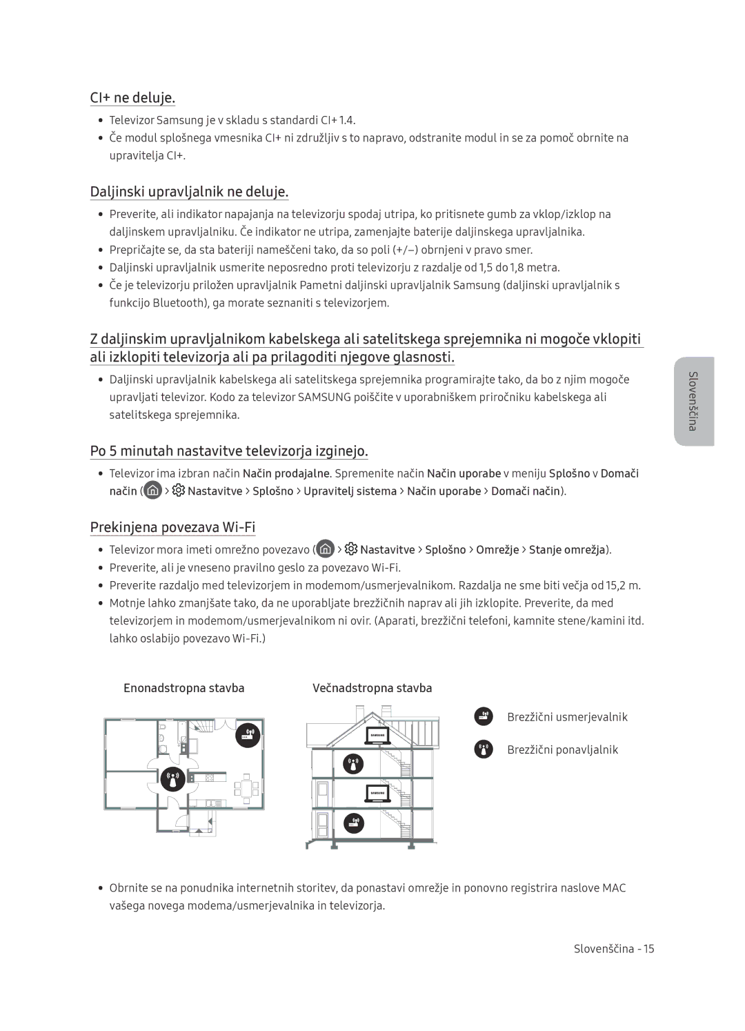 Samsung UE65NU7472UXXH manual CI+ ne deluje, Daljinski upravljalnik ne deluje, Po 5 minutah nastavitve televizorja izginejo 