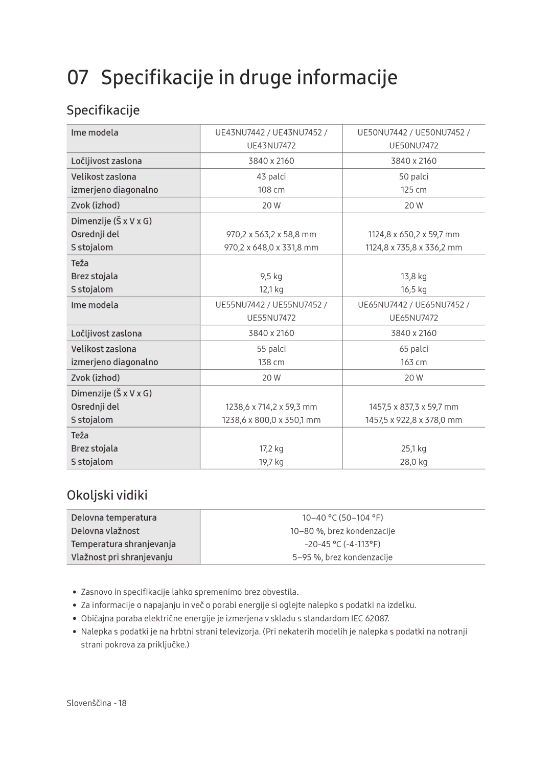 Samsung UE65NU7472UXXH manual Specifikacije in druge informacije, Okoljski vidiki 