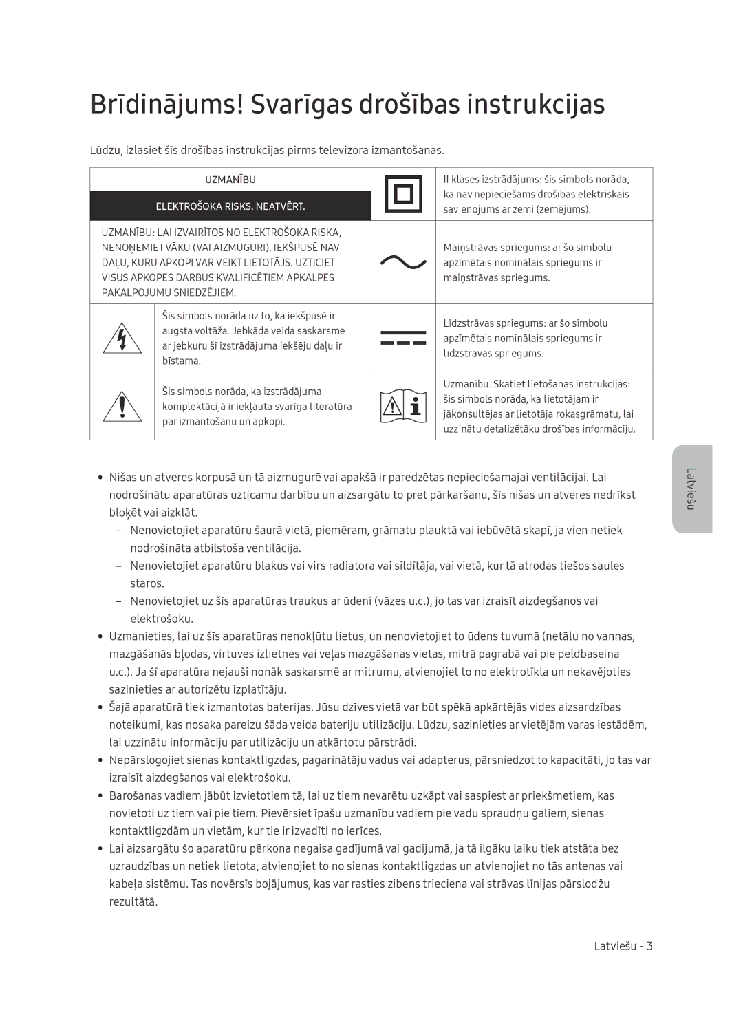 Samsung UE65NU7472UXXH manual Brīdinājums! Svarīgas drošības instrukcijas, Elektrošoka RISKS. Neatvērt 