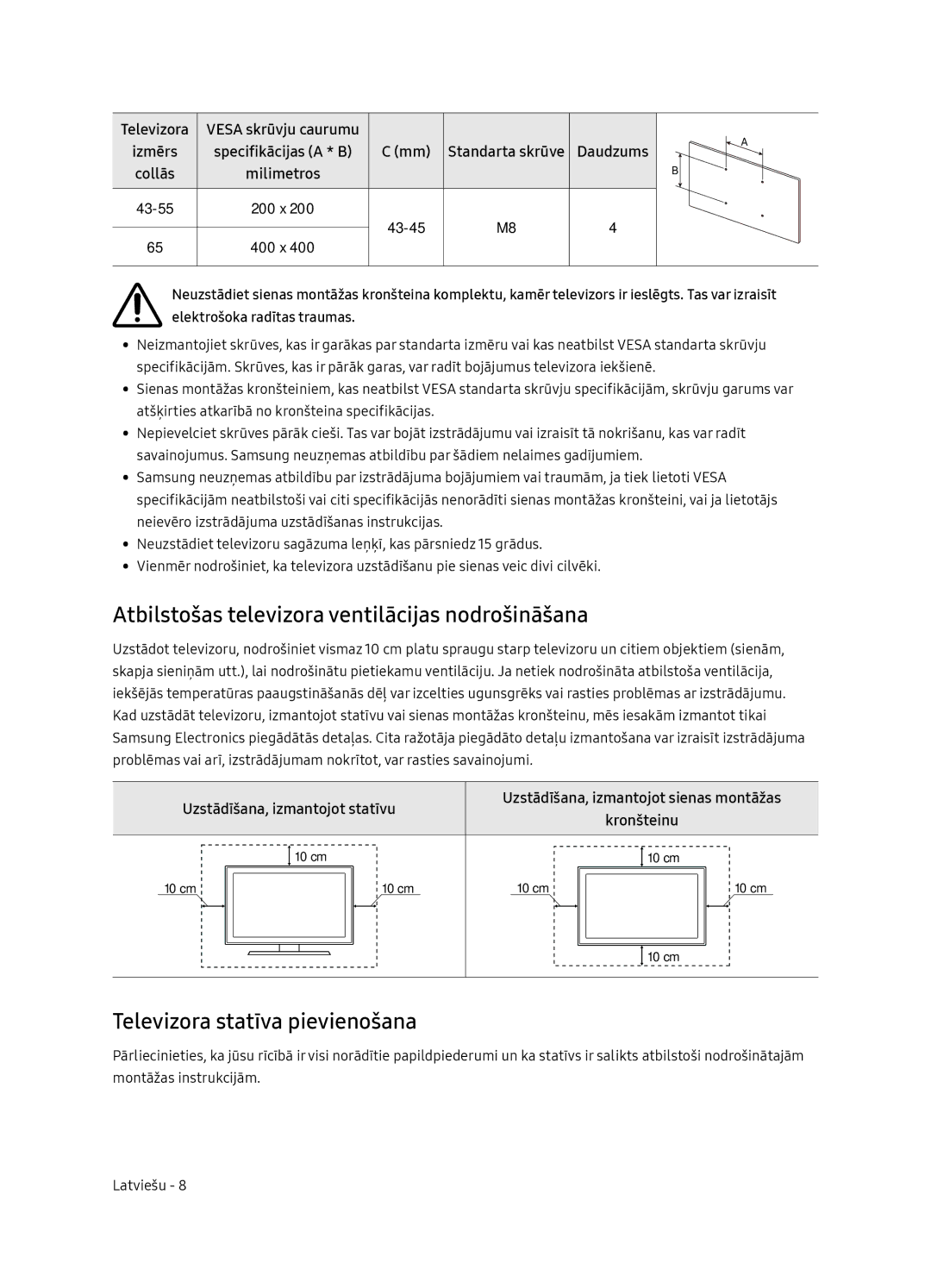 Samsung UE65NU7472UXXH manual Atbilstošas televizora ventilācijas nodrošināšana, Televizora statīva pievienošana 