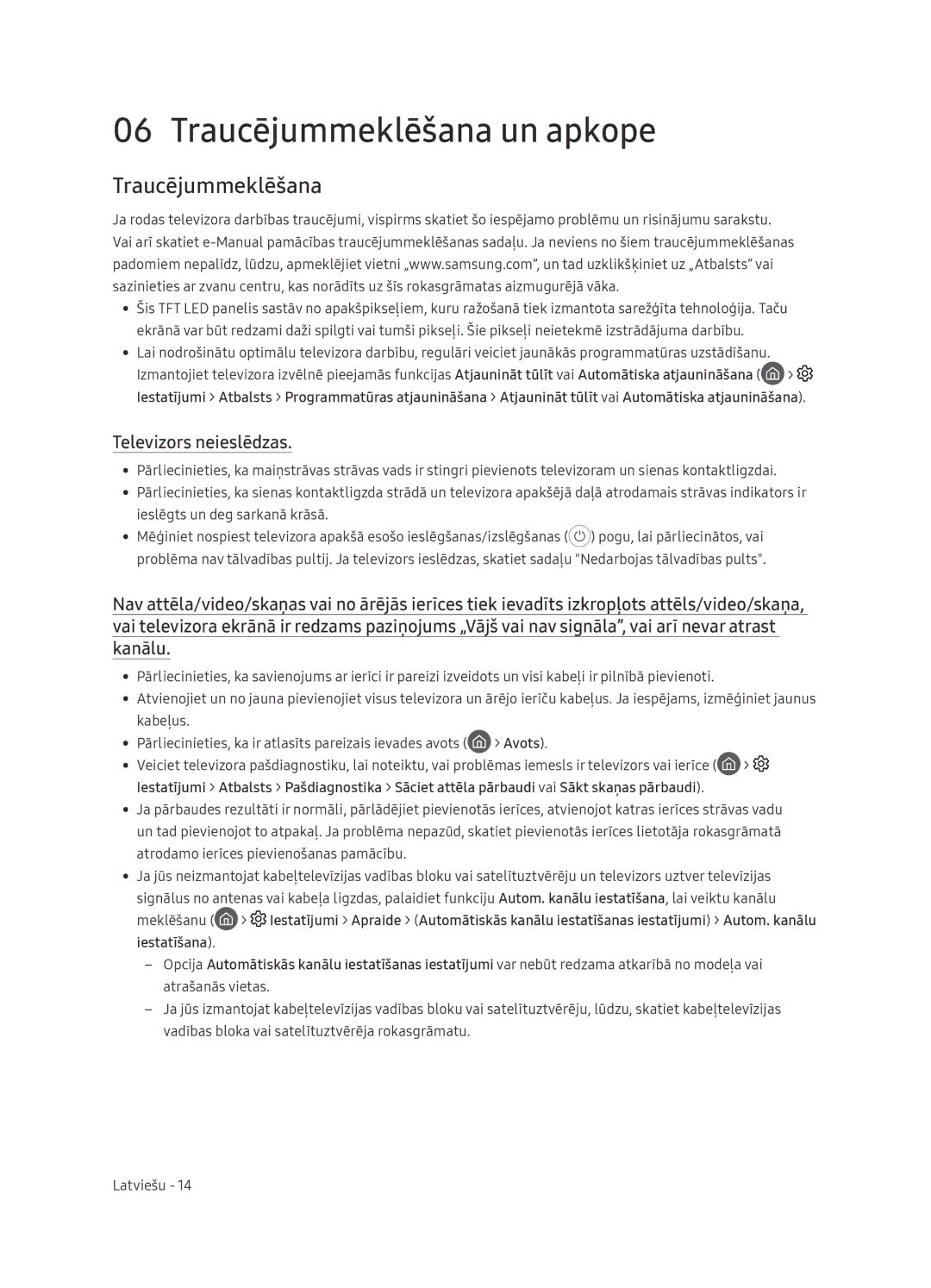 Samsung UE65NU7472UXXH manual Traucējummeklēšana un apkope, Televizors neieslēdzas, Avots, Meklēšanu 