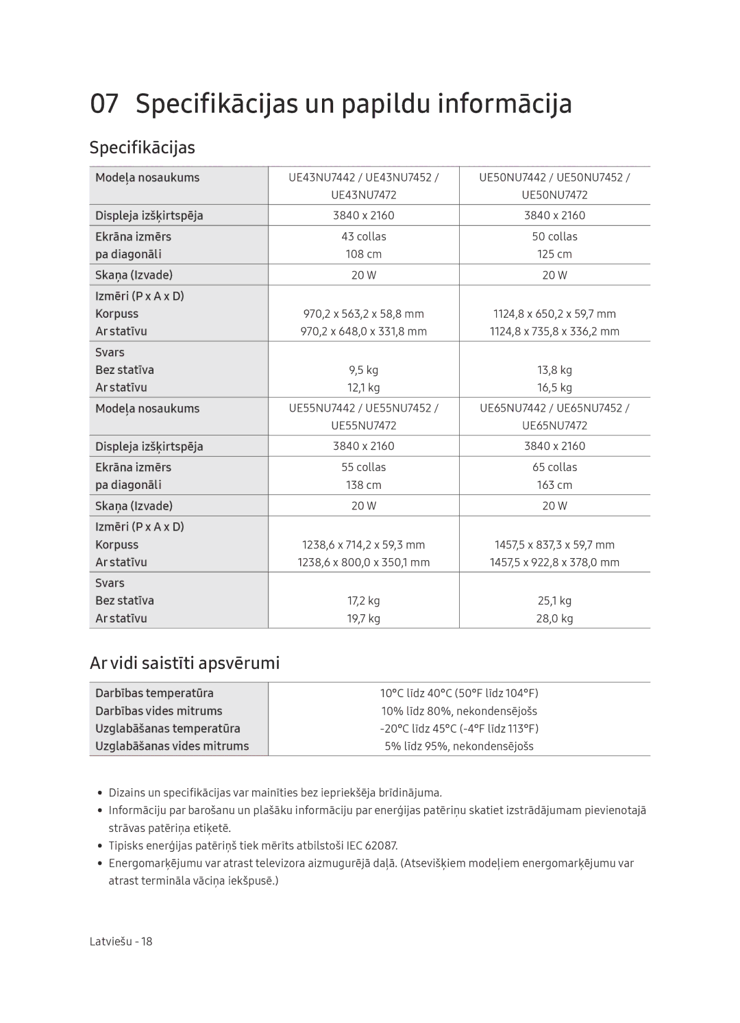 Samsung UE65NU7472UXXH manual Specifikācijas un papildu informācija, Ar vidi saistīti apsvērumi 