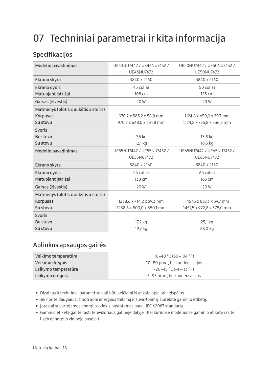 Samsung UE65NU7472UXXH manual Techniniai parametrai ir kita informacija, Specifikacijos, Aplinkos apsaugos gairės 