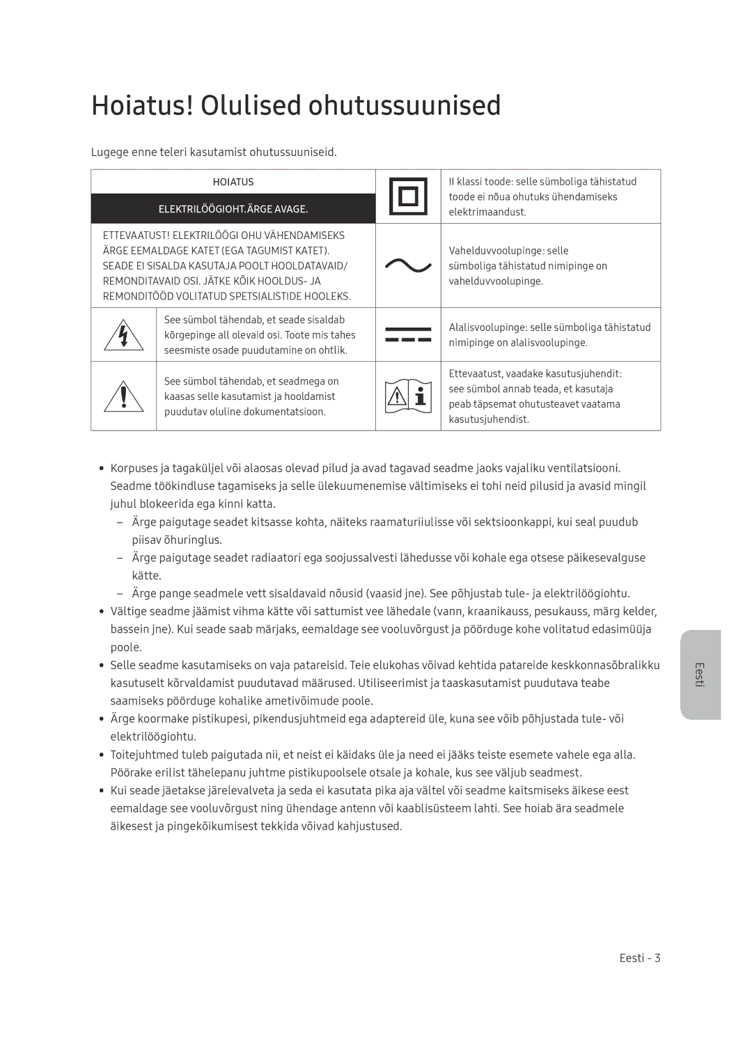 Samsung UE65NU7472UXXH manual Hoiatus! Olulised ohutussuunised, Lugege enne teleri kasutamist ohutussuuniseid 