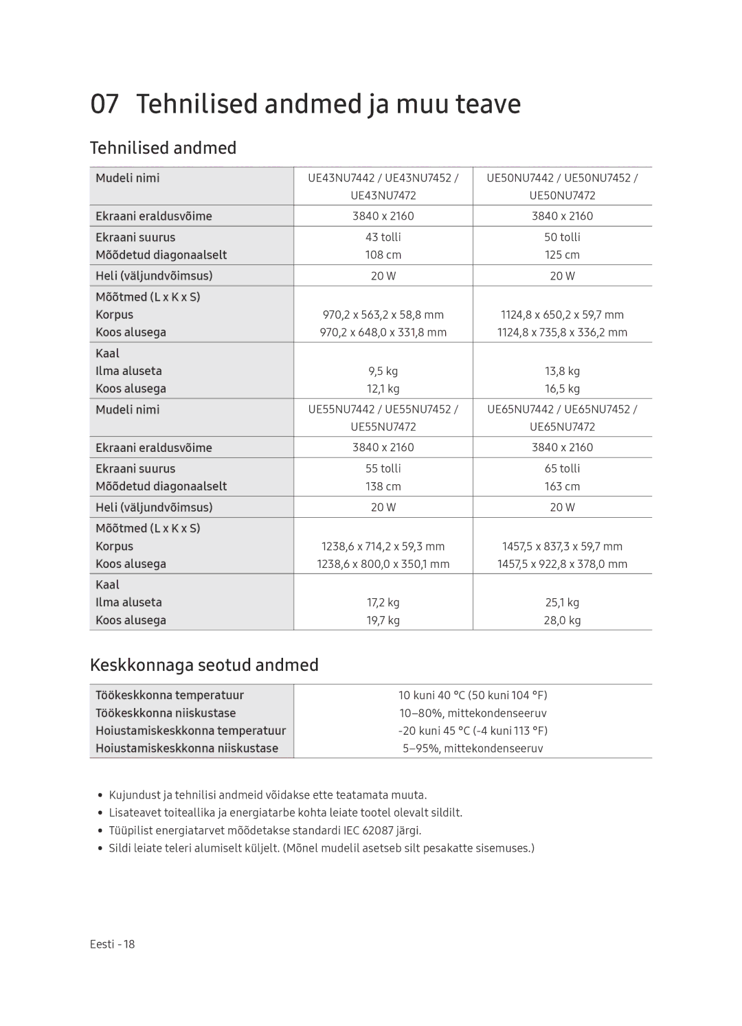 Samsung UE65NU7472UXXH manual Tehnilised andmed ja muu teave, Keskkonnaga seotud andmed 