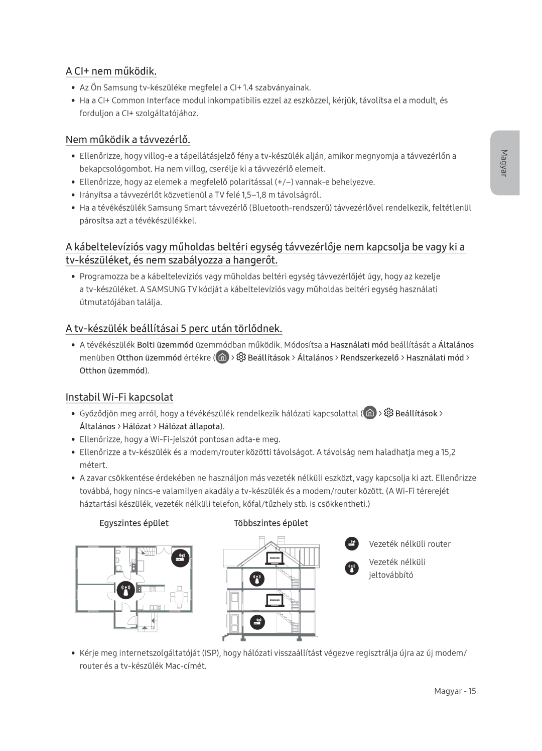 Samsung UE65NU7472UXXH manual CI+ nem működik, Nem működik a távvezérlő, Tv-készülék beállításai 5 perc után törlődnek 