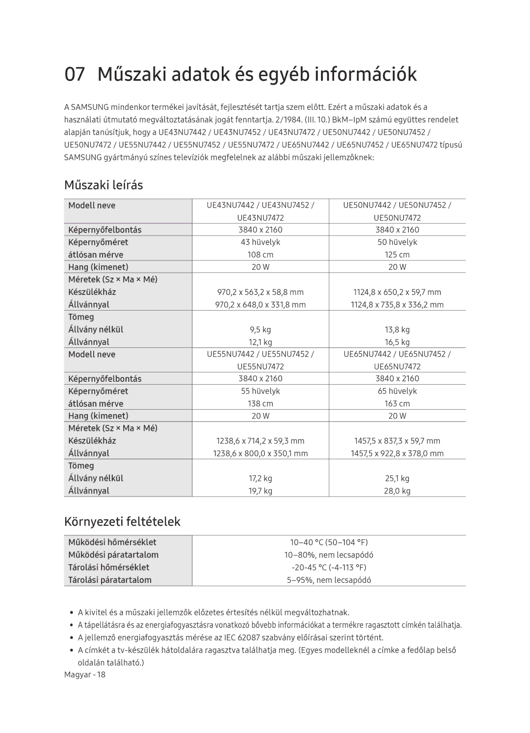 Samsung UE65NU7472UXXH manual 07 Műszaki adatok és egyéb információk, Műszaki leírás, Környezeti feltételek 