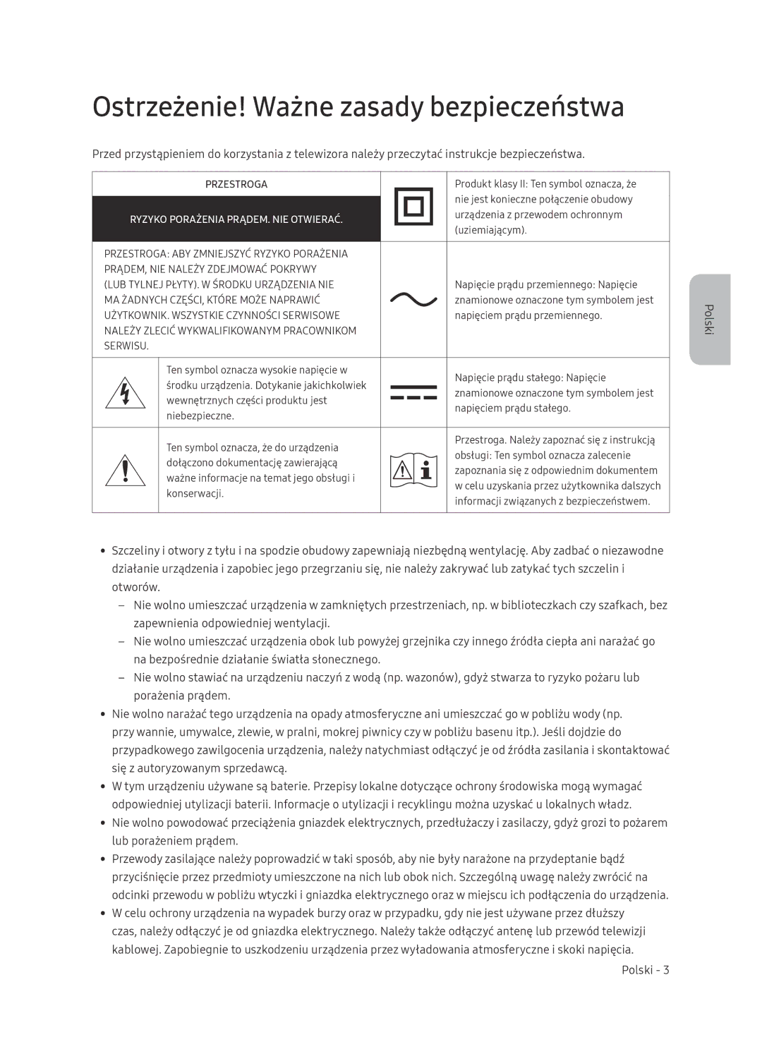 Samsung UE65NU7472UXXH manual Ostrzeżenie! Ważne zasady bezpieczeństwa, Ryzyko Porażenia PRĄDEM. NIE Otwierać 