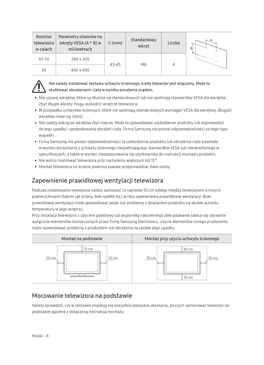 Samsung UE65NU7472UXXH manual Zapewnienie prawidłowej wentylacji telewizora, Mocowanie telewizora na podstawie 