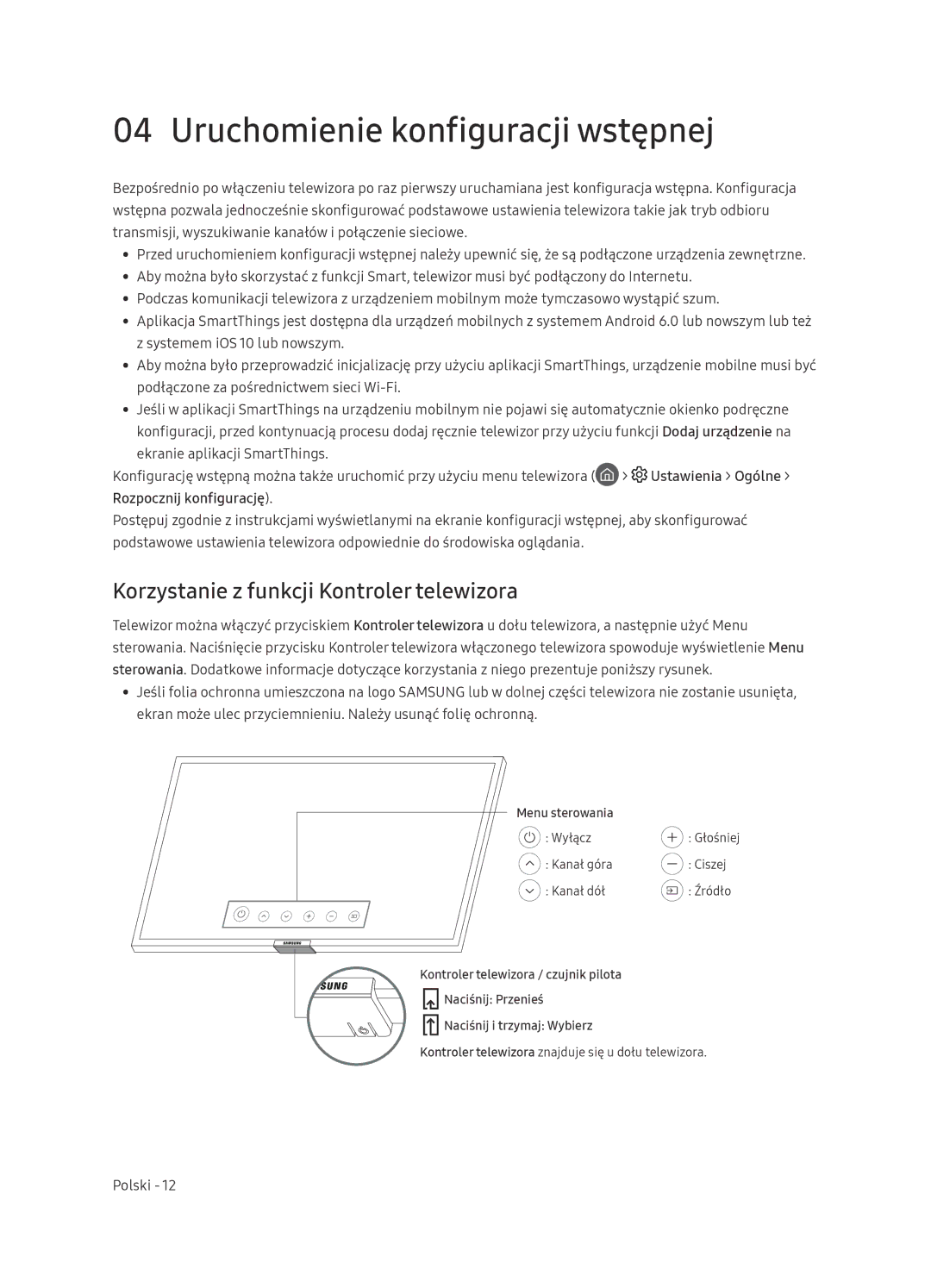 Samsung UE65NU7472UXXH manual Uruchomienie konfiguracji wstępnej, Korzystanie z funkcji Kontroler telewizora 