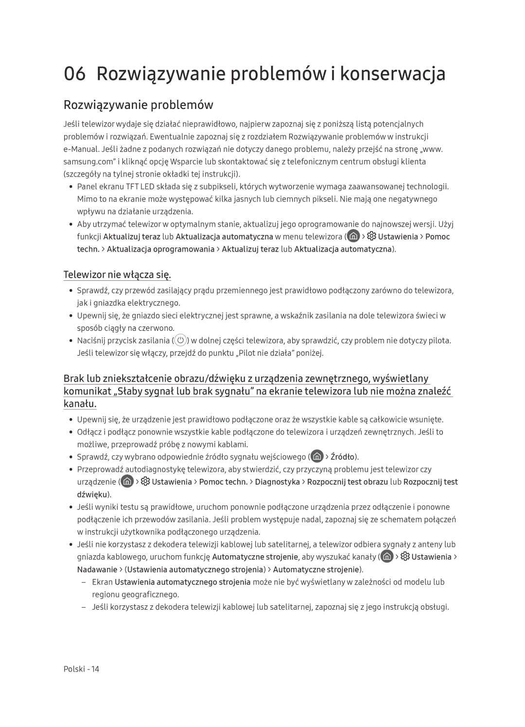 Samsung UE65NU7472UXXH manual Rozwiązywanie problemów i konserwacja, Telewizor nie włącza się 