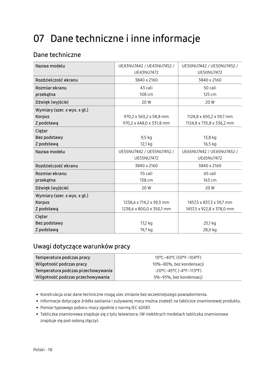 Samsung UE65NU7472UXXH manual Dane techniczne i inne informacje, Uwagi dotyczące warunków pracy 