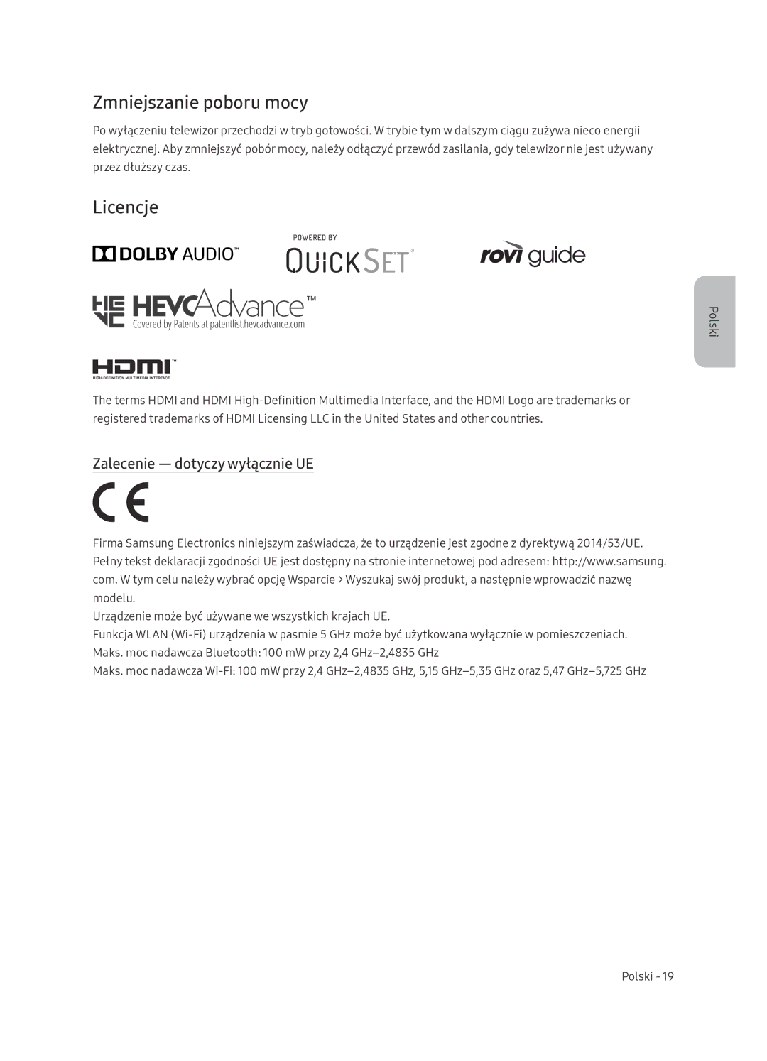 Samsung UE65NU7472UXXH manual Zmniejszanie poboru mocy, Licencje, Zalecenie dotyczy wyłącznie UE 