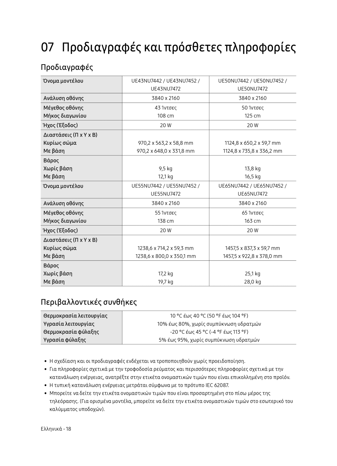 Samsung UE65NU7472UXXH manual Προδιαγραφές, Περιβαλλοντικές συνθήκες 