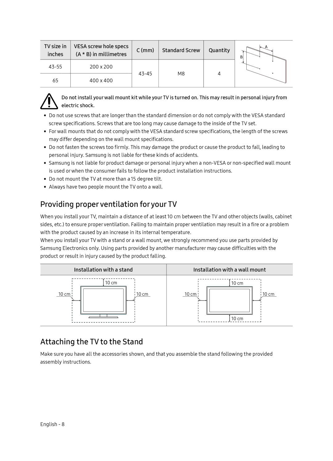 Samsung UE65NU7472UXXH manual Providing proper ventilation for your TV, Attaching the TV to the Stand, Quantity 