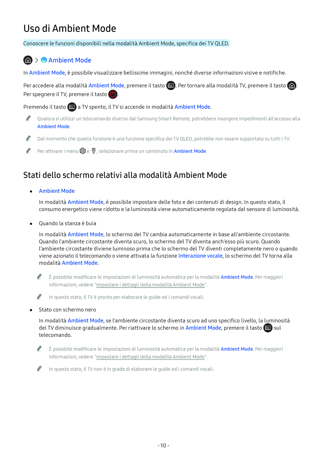 Samsung QE55Q9FNATXZT, UE65NU8000TXZT manual Uso di Ambient Mode, Stati dello schermo relativi alla modalità Ambient Mode 