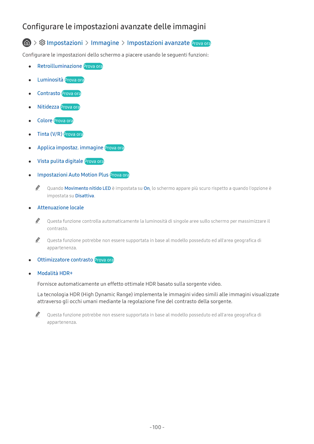 Samsung UE65NU8000TXZT, UE49NU8000TXZT manual Configurare le impostazioni avanzate delle immagini, Attenuazione locale, 100 