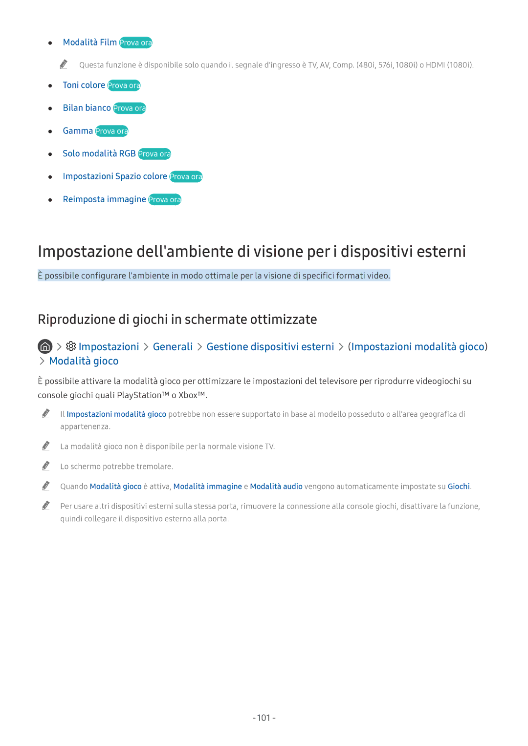 Samsung UE49NU8000TXZT, UE65NU8000TXZT manual Riproduzione di giochi in schermate ottimizzate, Modalità Film Prova ora, 101 