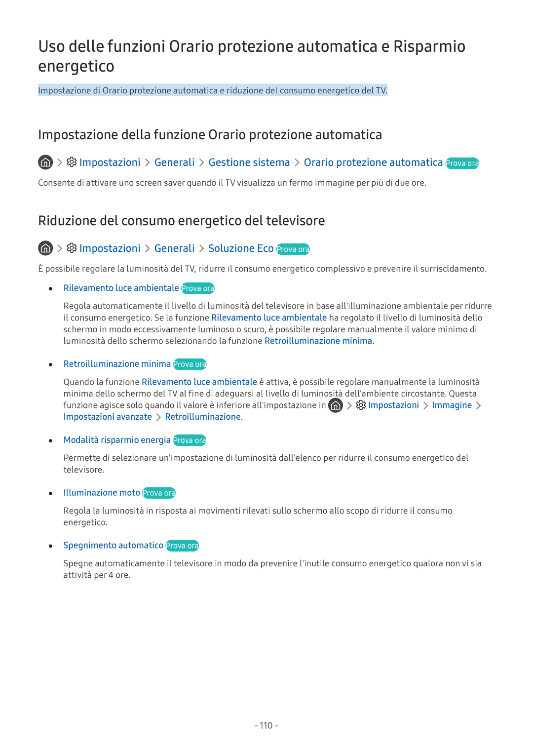 Samsung QE55Q9FNATXZT, UE65NU8000TXZT, UE49NU8000TXZT manual Impostazione della funzione Orario protezione automatica, 110 