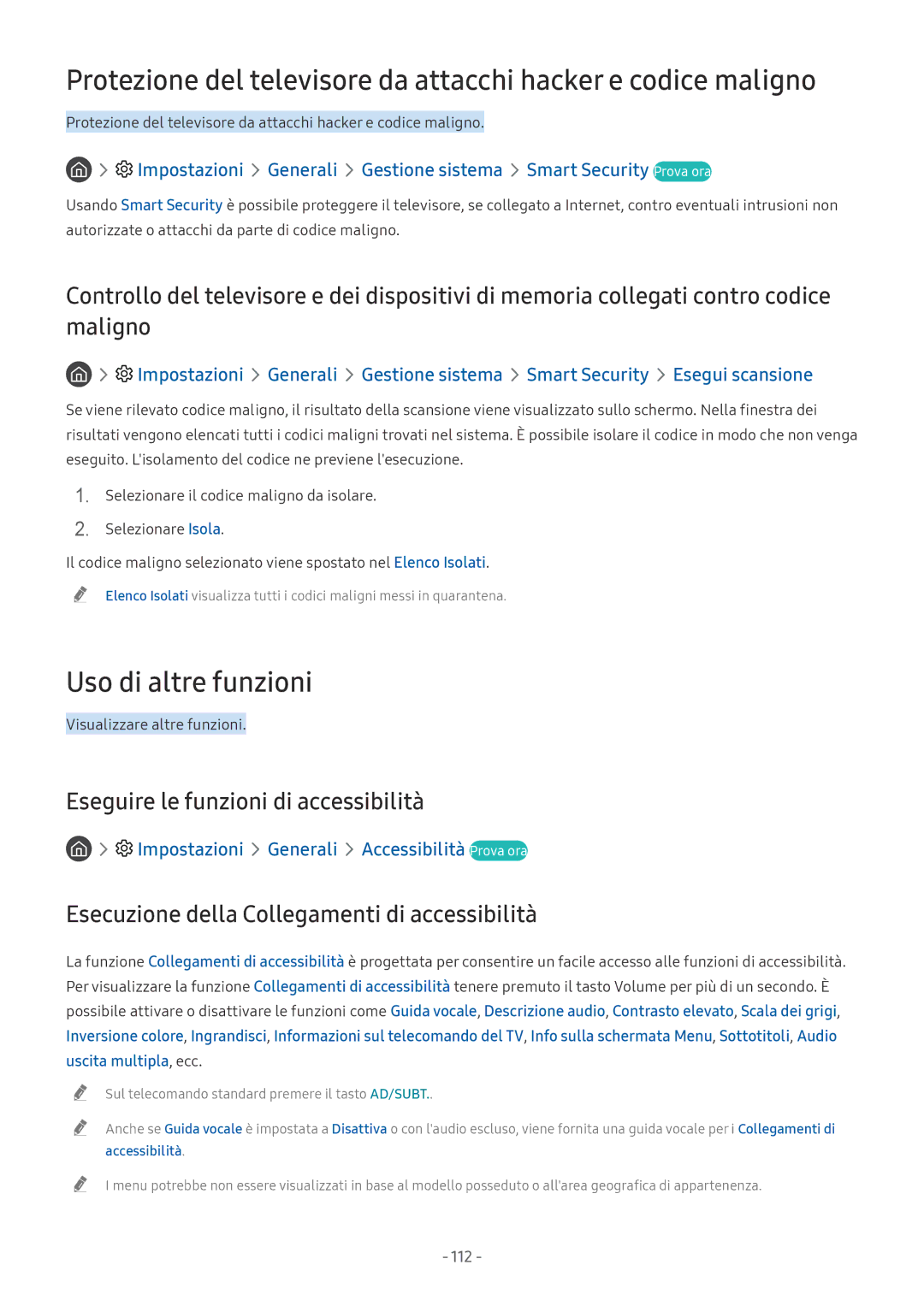 Samsung QE65Q6FAMTXZT, UE65NU8000TXZT, UE49NU8000TXZT Uso di altre funzioni, Eseguire le funzioni di accessibilità, 112 