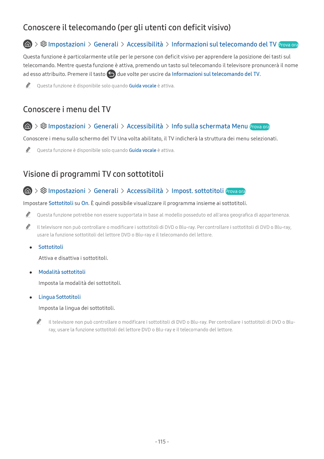 Samsung UE49NU7170UXZT manual Conoscere il telecomando per gli utenti con deficit visivo, Conoscere i menu del TV, 115 