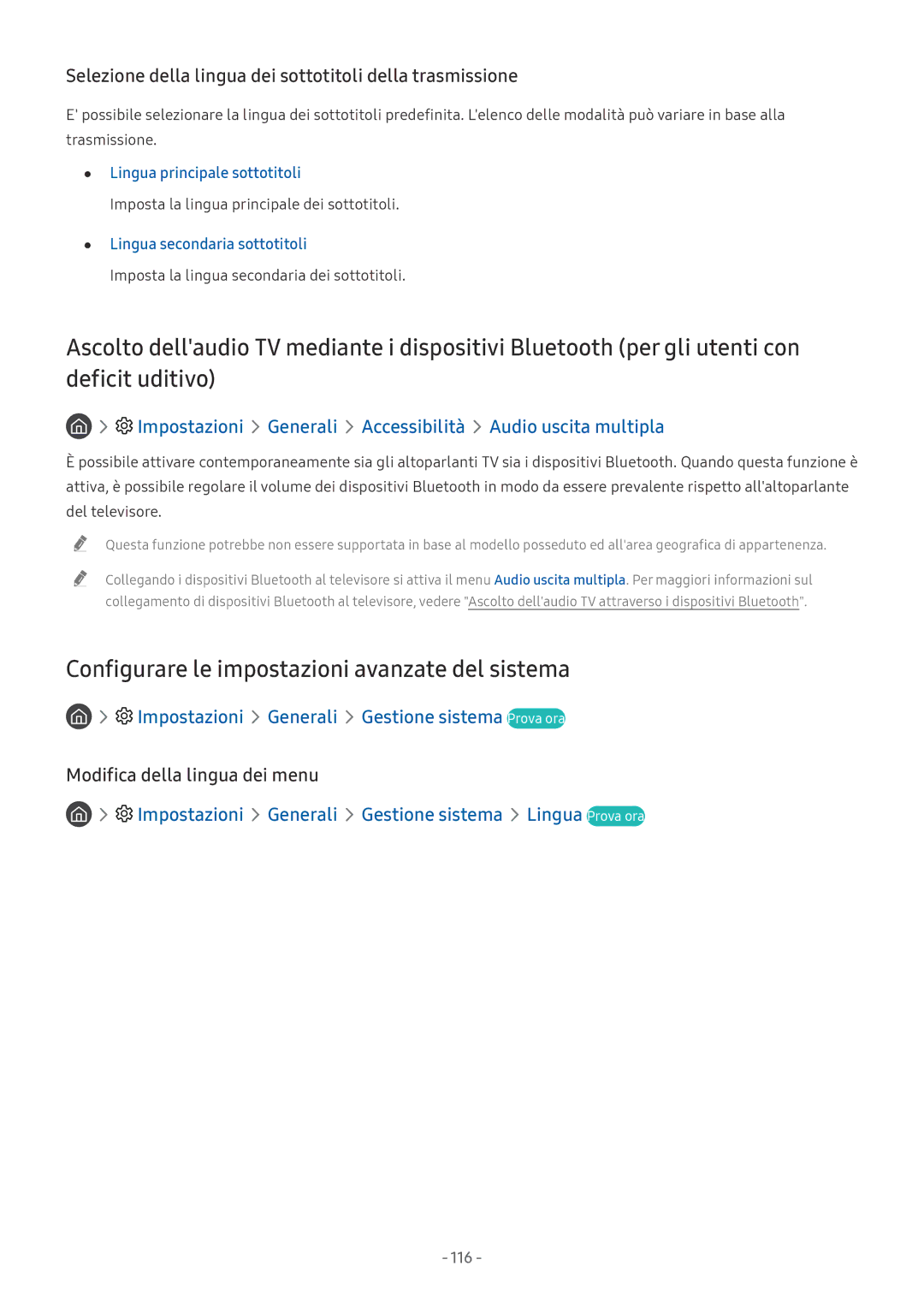 Samsung QE65Q9FNATXZT, UE65NU8000TXZT, UE49NU8000TXZT, UE55NU8000TXZT Configurare le impostazioni avanzate del sistema, 116 