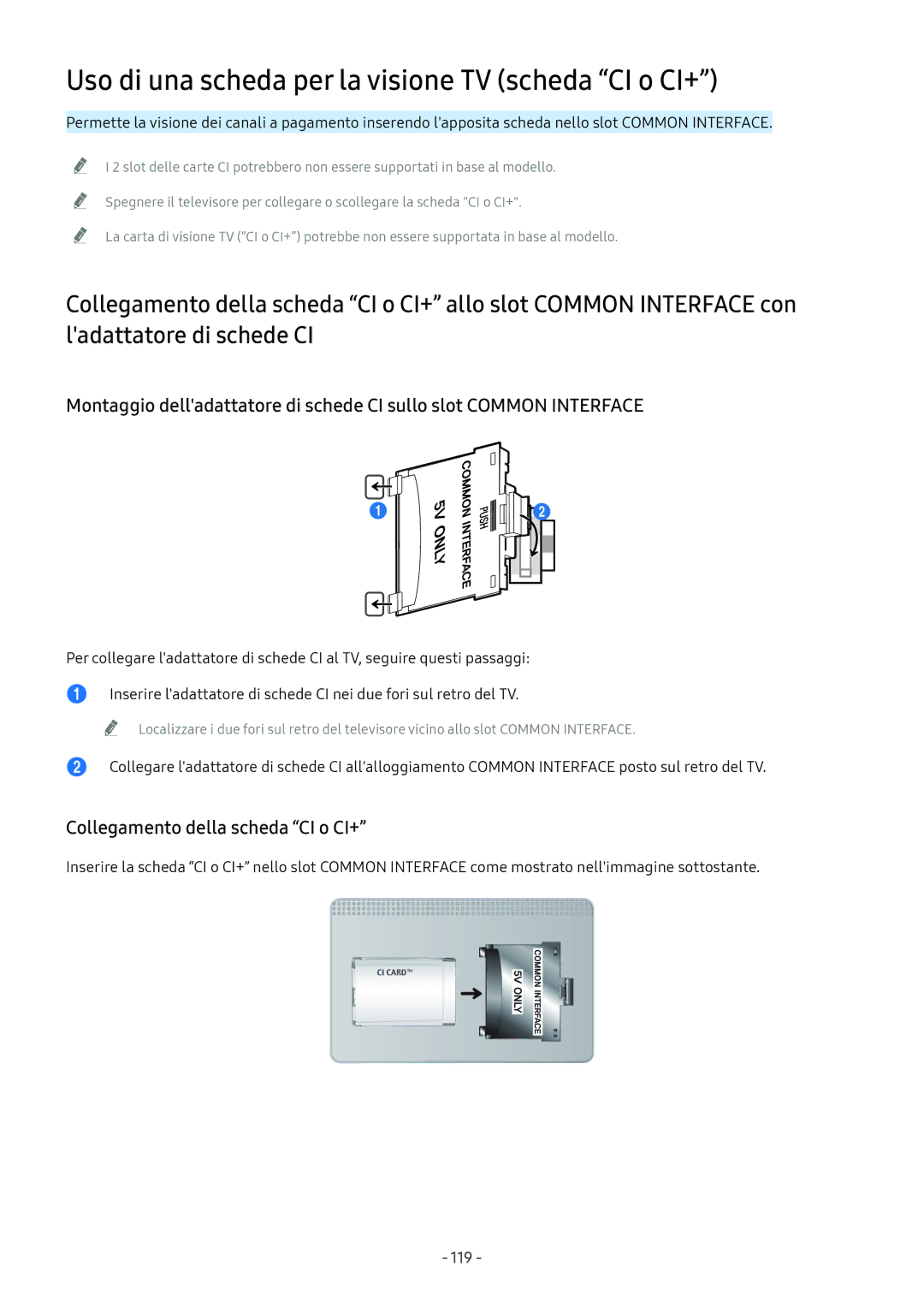 Samsung UE55NU7370UXZT manual Uso di una scheda per la visione TV scheda CI o CI+, Collegamento della scheda CI o CI+, 119 