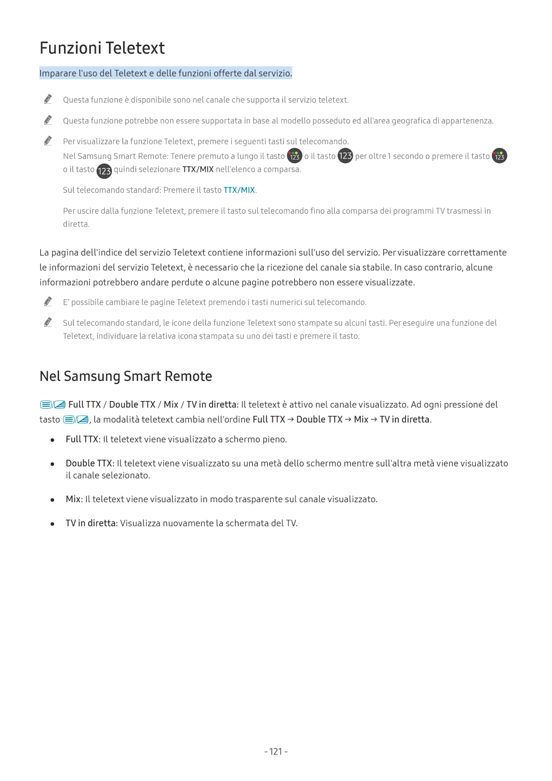 Samsung UE49NU8000TXZT, UE65NU8000TXZT, UE55NU8000TXZT, UE50MU6120KXZT manual Funzioni Teletext, Nel Samsung Smart Remote, 121 