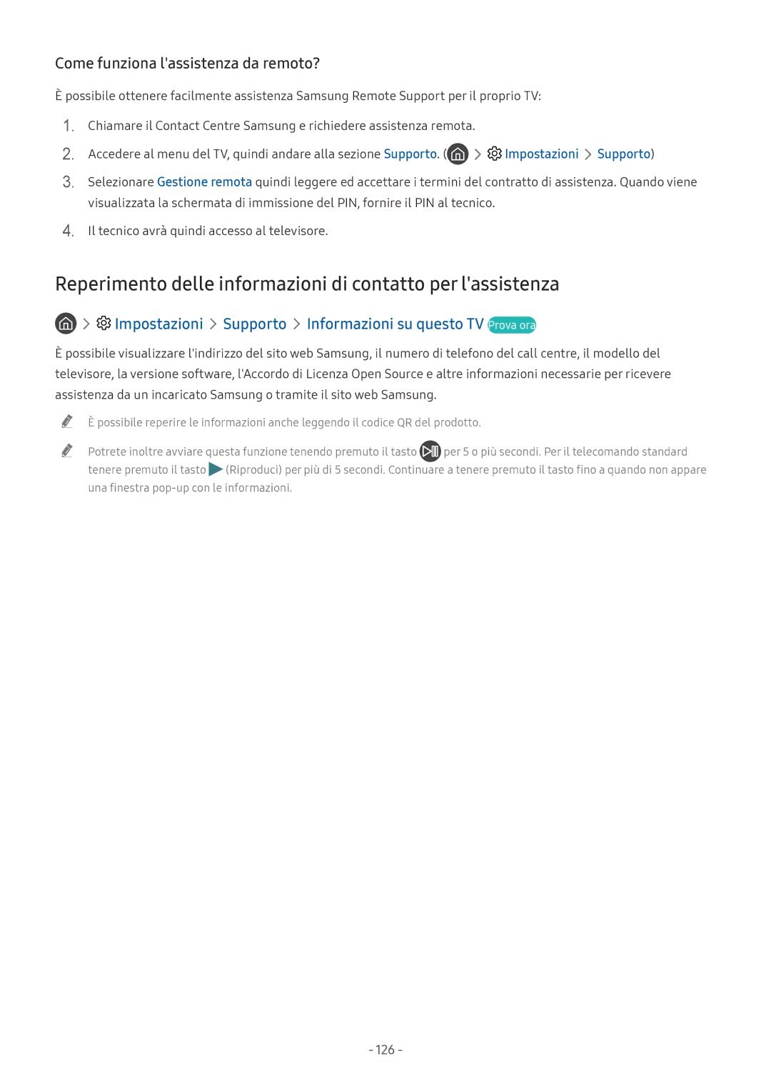 Samsung QE65Q8CNATXZT, UE65NU8000TXZT, UE49NU8000TXZT, UE55NU8000TXZT manual Come funziona lassistenza da remoto?, 126 