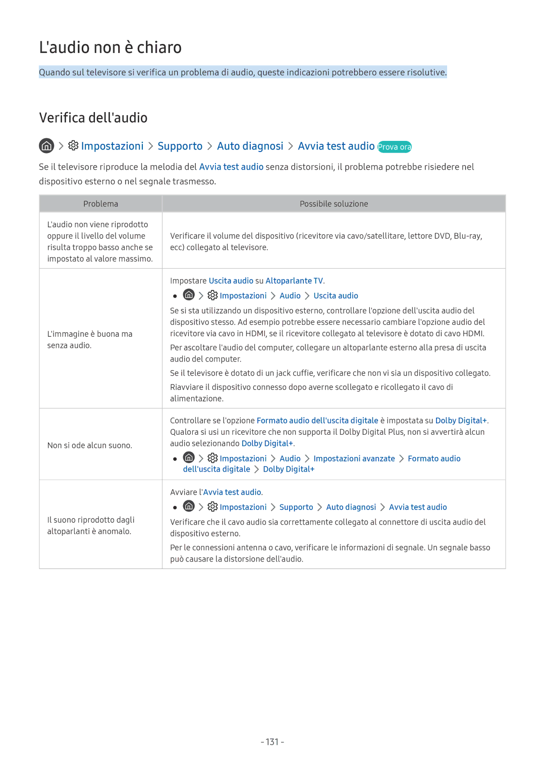 Samsung UE82NU8000TXZT, UE65NU8000TXZT manual Laudio non è chiaro, Verifica dellaudio, 131, Auto diagnosi Avvia test audio 