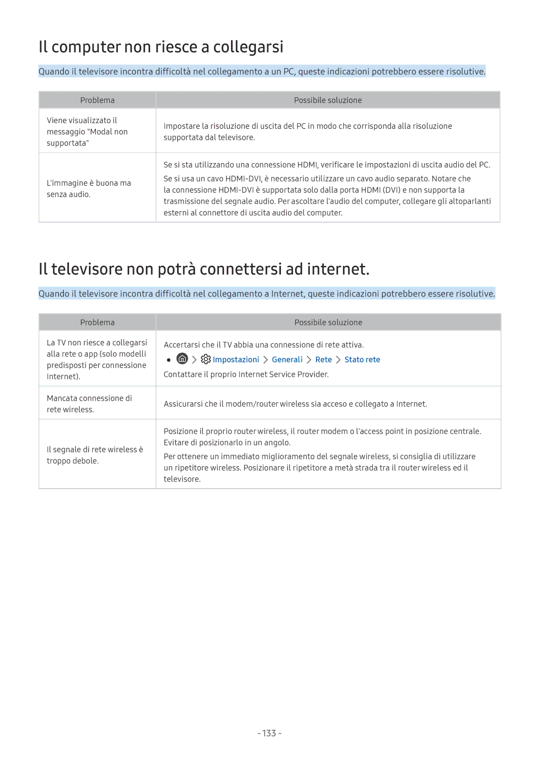 Samsung UE65NU7170UXZT manual Il computer non riesce a collegarsi, Il televisore non potrà connettersi ad internet, 133 