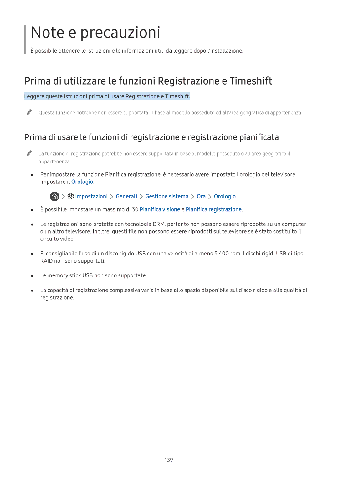 Samsung UE55NU7370UXZT, UE65NU8000TXZT, UE49NU8000TXZT manual Prima di utilizzare le funzioni Registrazione e Timeshift, 139 