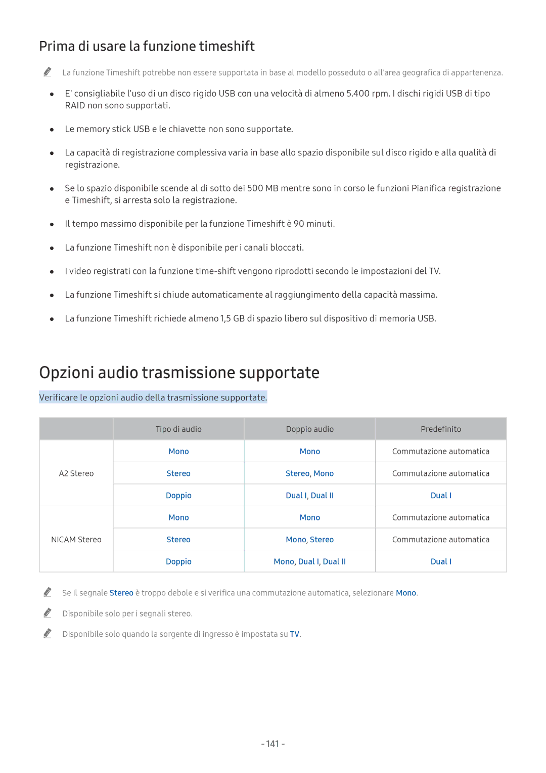 Samsung UE49NU8000TXZT, UE65NU8000TXZT Opzioni audio trasmissione supportate, Prima di usare la funzione timeshift, 141 