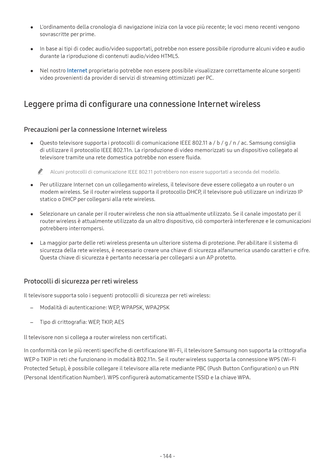 Samsung QE55Q8CNATXZT Precauzioni per la connessione Internet wireless, Protocolli di sicurezza per reti wireless, 144 