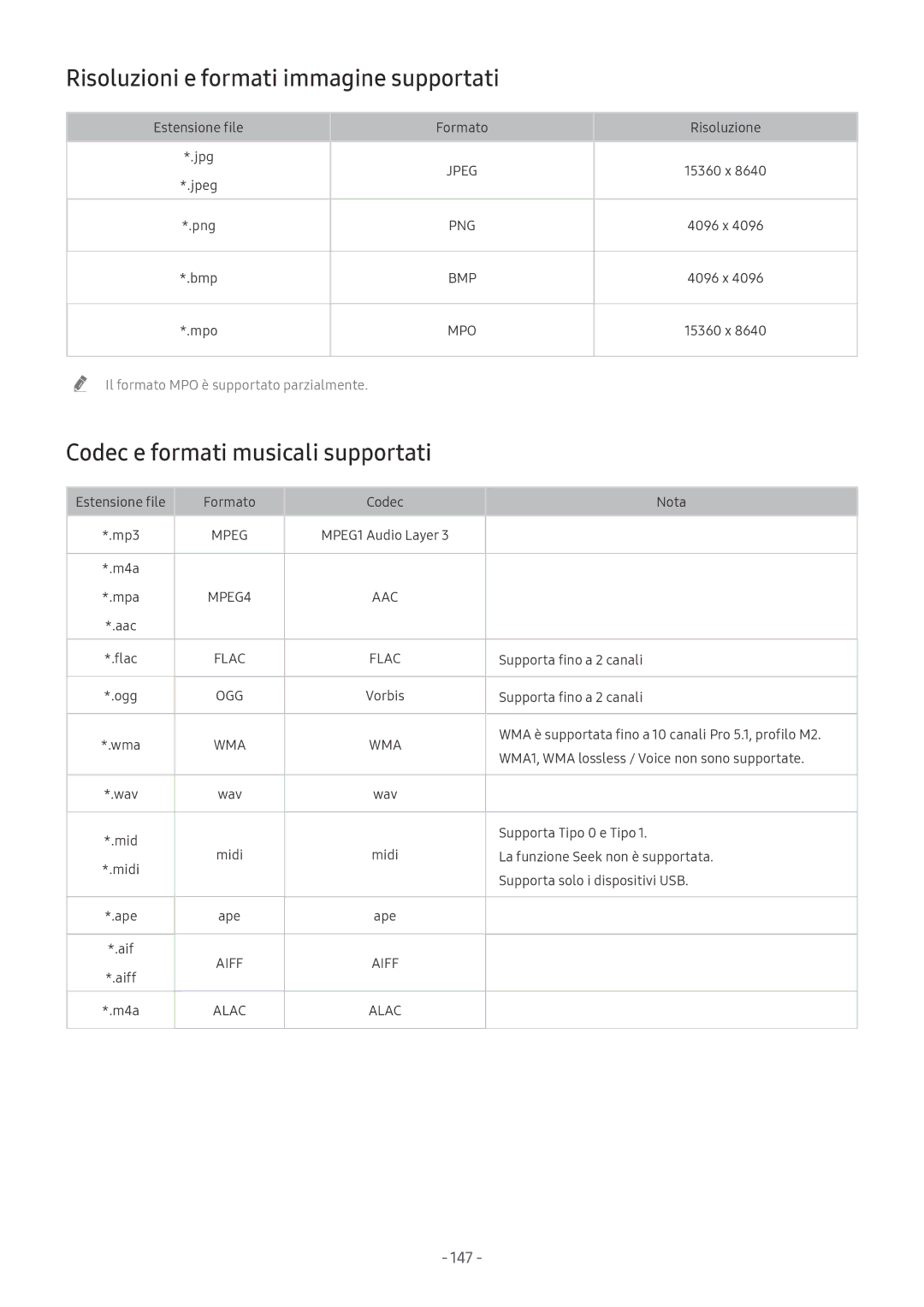 Samsung QE65Q7FNATXZT, UE65NU8000TXZT Risoluzioni e formati immagine supportati, Codec e formati musicali supportati, 147 