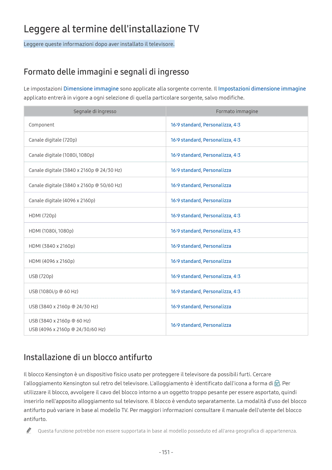 Samsung UE82NU8000TXZT manual Leggere al termine dellinstallazione TV, Formato delle immagini e segnali di ingresso, 151 