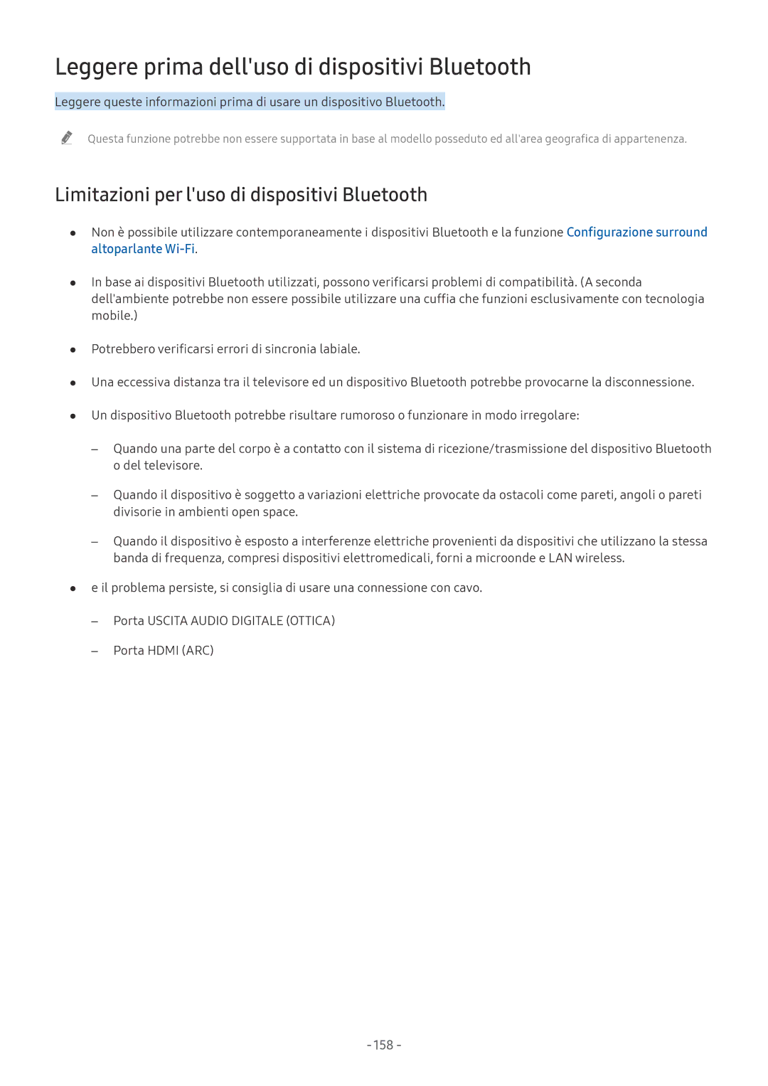 Samsung UE65NU7400UXZT Leggere prima delluso di dispositivi Bluetooth, Limitazioni per luso di dispositivi Bluetooth, 158 