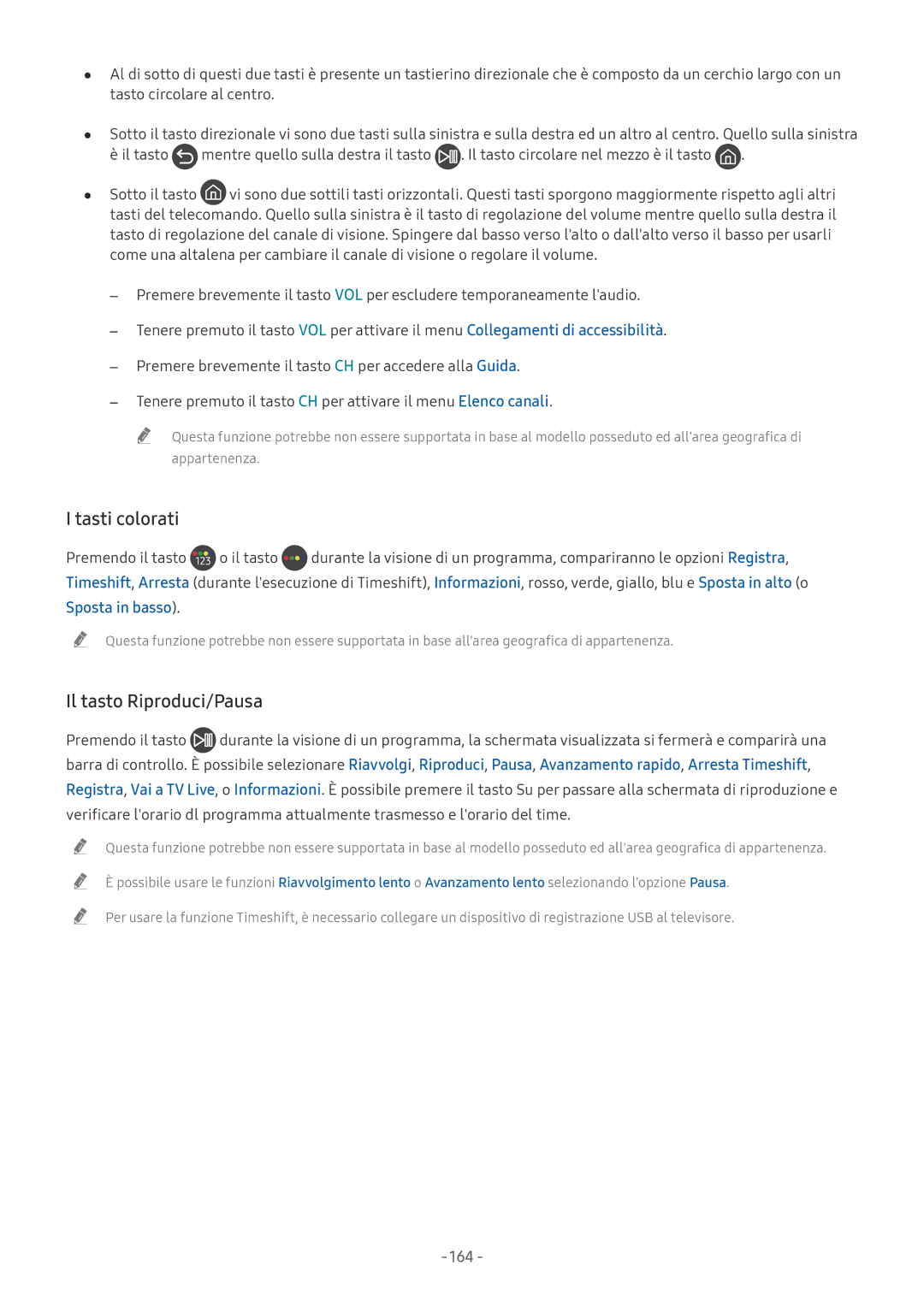 Samsung QE55Q8CNATXZT, UE65NU8000TXZT, UE49NU8000TXZT manual Tasti colorati, Il tasto Riproduci/Pausa, Sposta in basso, 164 