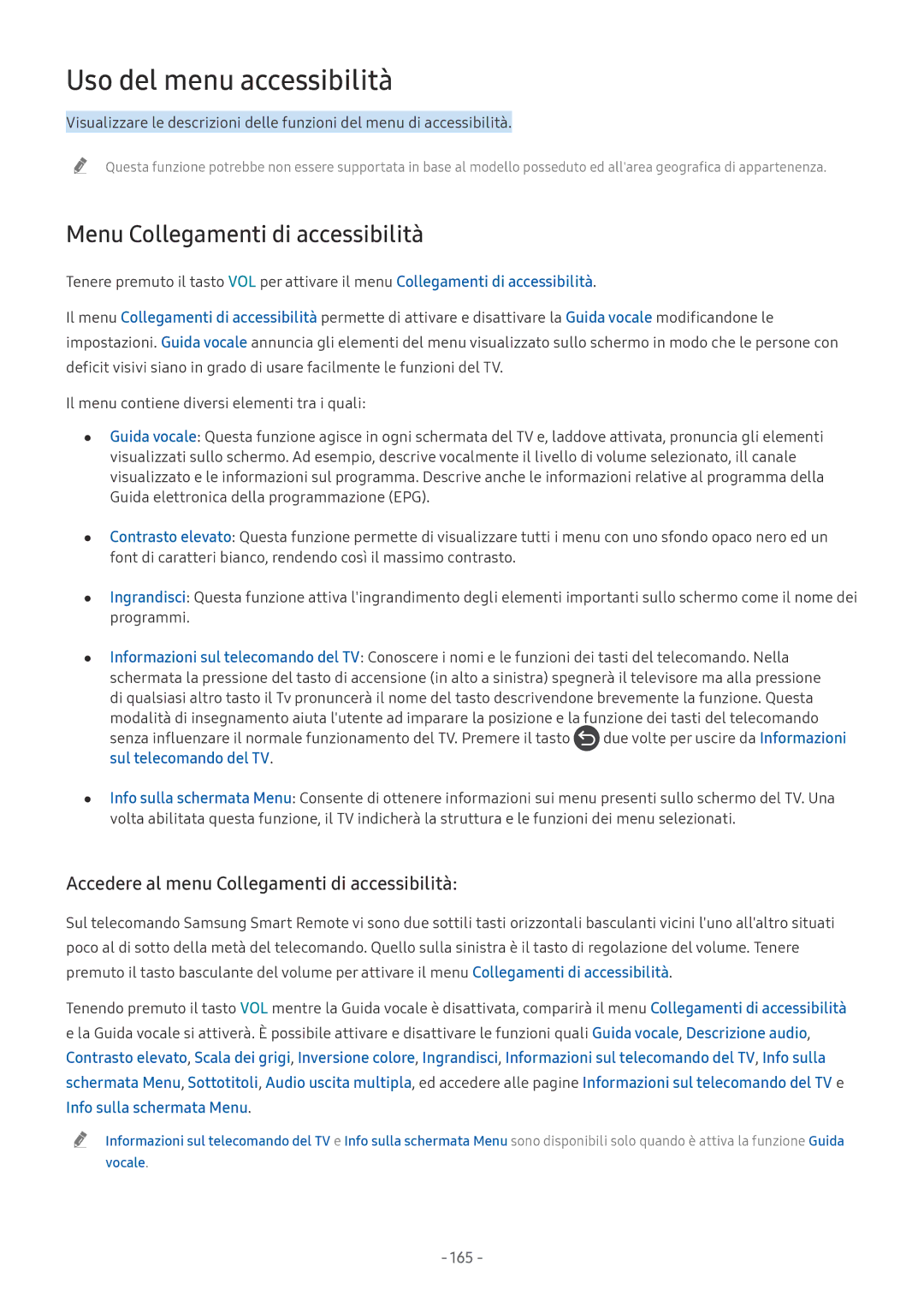 Samsung QE75Q9FNATXZT, UE65NU8000TXZT, UE49NU8000TXZT Uso del menu accessibilità, Menu Collegamenti di accessibilità, 165 