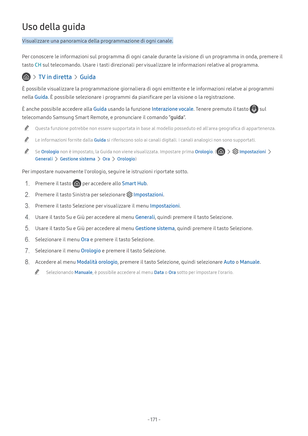 Samsung UE82NU8000TXZT, UE65NU8000TXZT Uso della guida, TV in diretta Guida, 171, Generali Gestione sistema Ora Orologio 