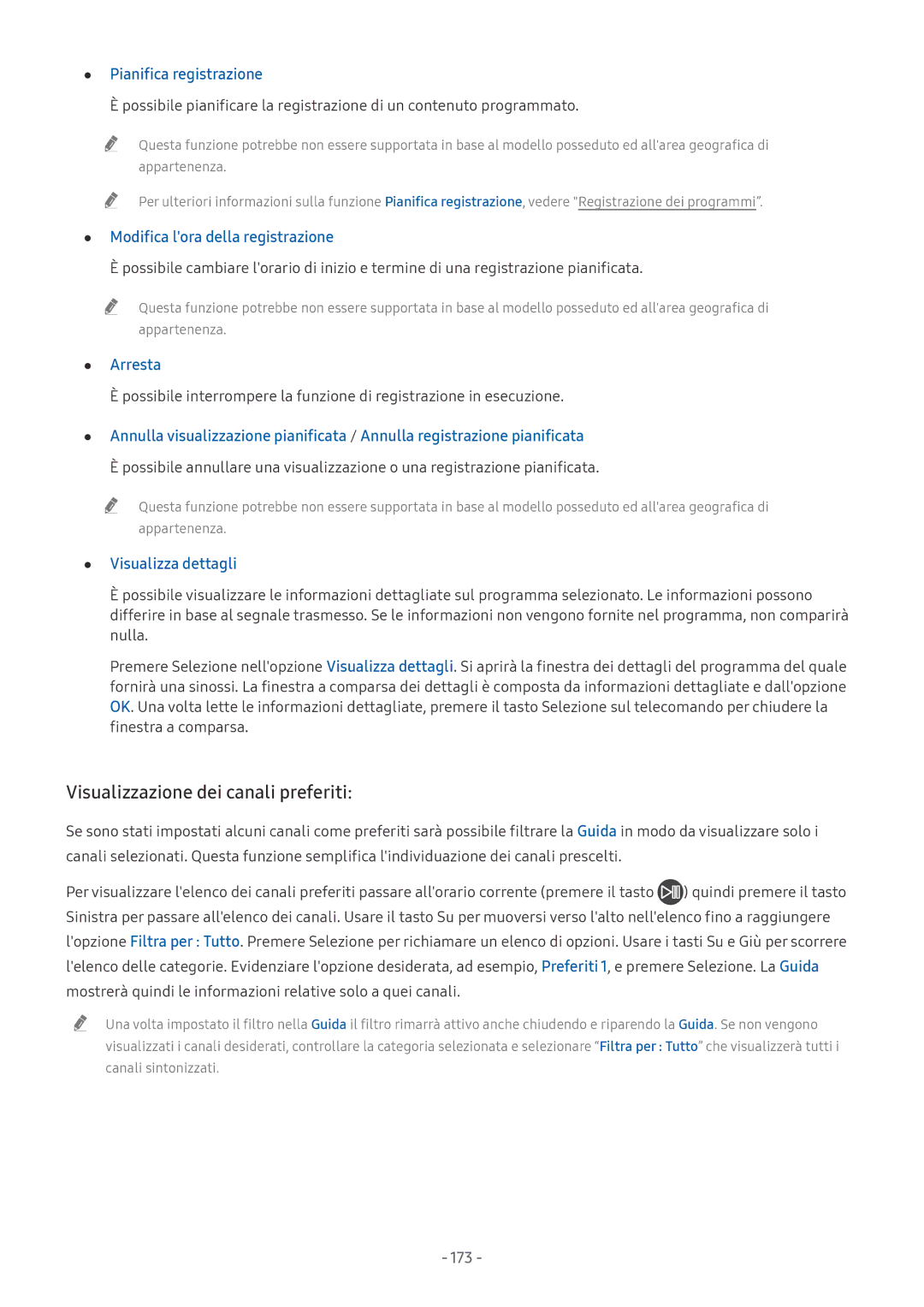 Samsung UE65NU7170UXZT Visualizzazione dei canali preferiti, Pianifica registrazione, Arresta, Visualizza dettagli, 173 