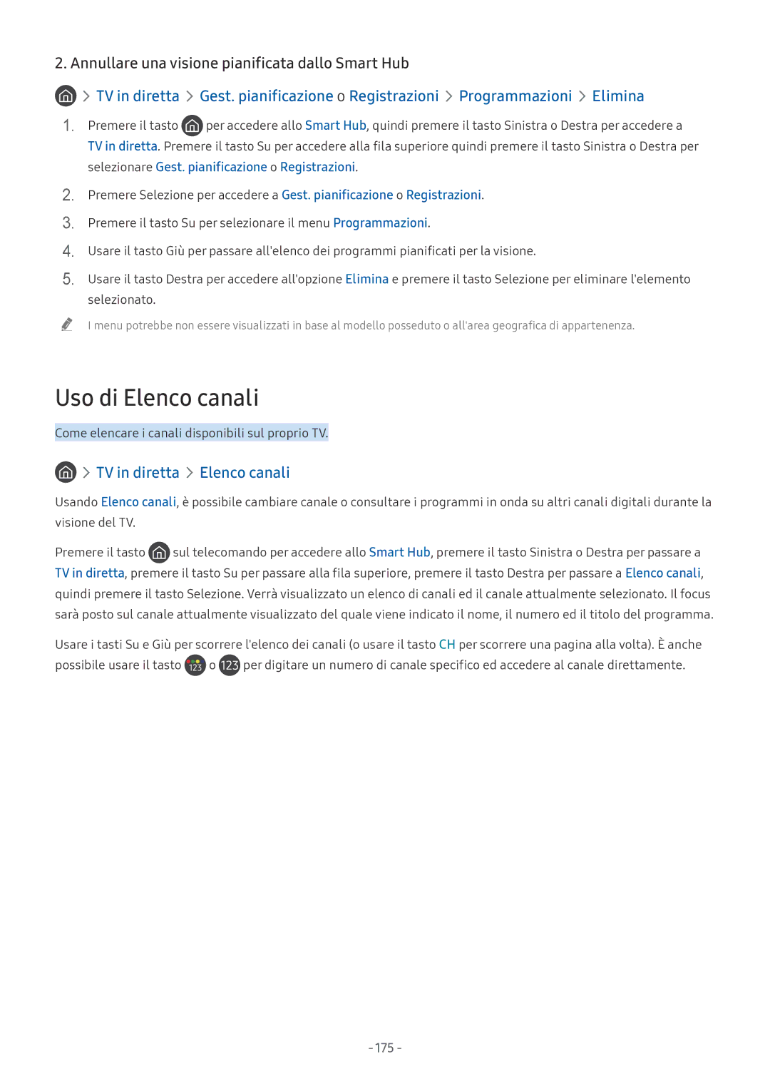 Samsung UE49NU7170UXZT, UE65NU8000TXZT manual Annullare una visione pianificata dallo Smart Hub, Premere il tasto, 175 